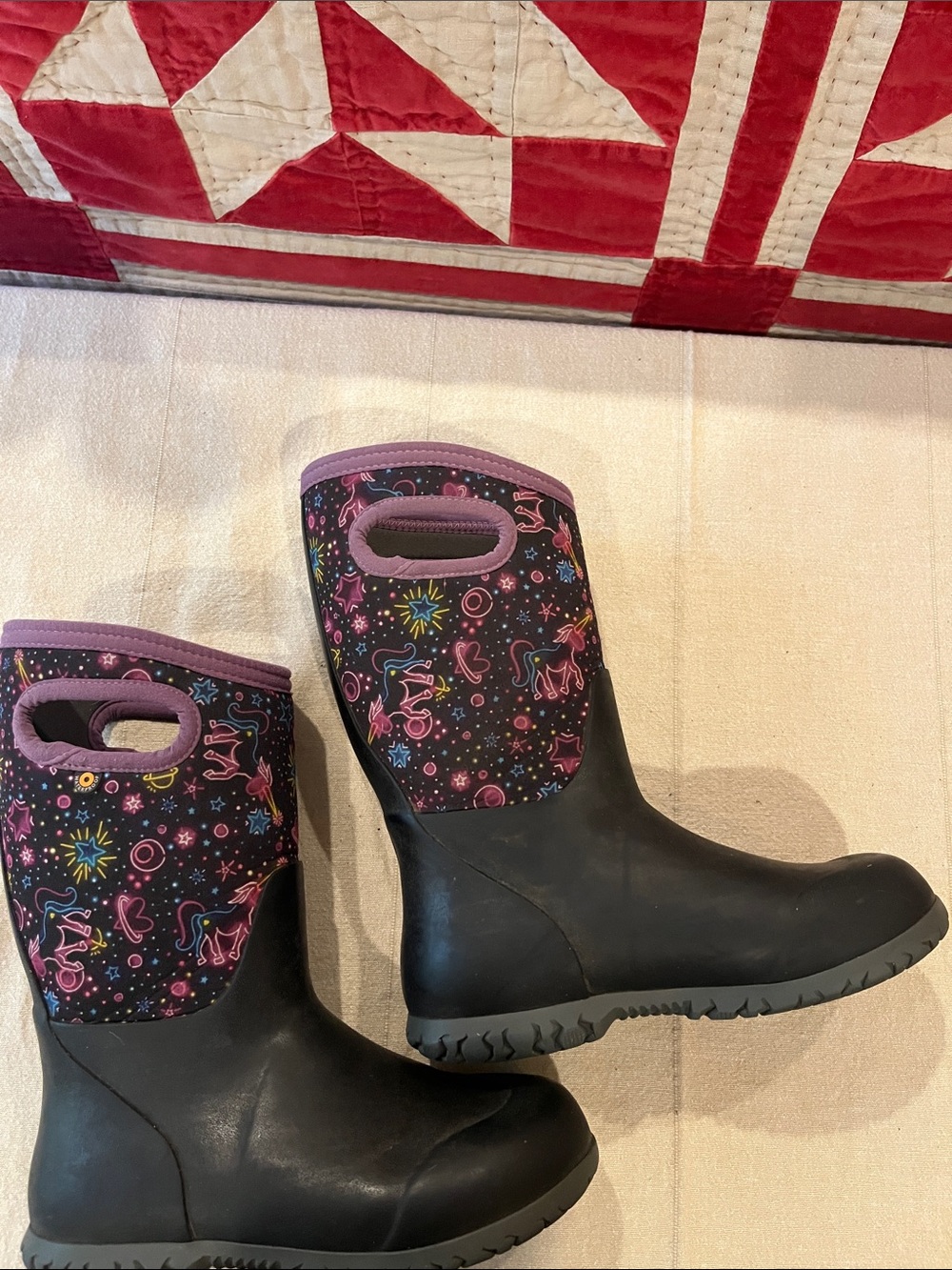 Bogs Kids Black Rain Boots with Purple Trim and Space Print - Picture 6 of 10